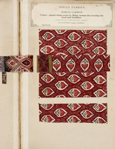 Puuvillalasitettu chintz-näyte Poonarysta, ostettu Madrasista, kokoelmasta The Collection of the Textile Manufacturers of India, John Forbes Watson, julkaistu vuonna 1866 tekijältä Sri Lankan School