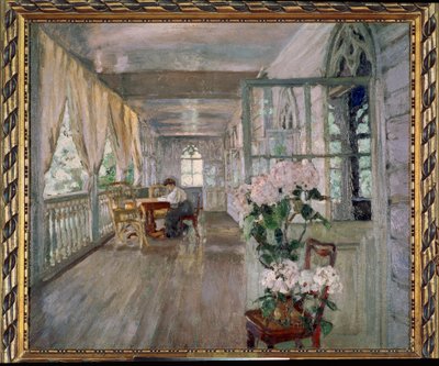 Kartanon terassi. Stanislav Julianovich Zhukovsky (Žukovski) (1873-1944) maalaus öljy kankaalle. venäläistä taidetta tekijältä Stanislav Joulianovitch Joukovski