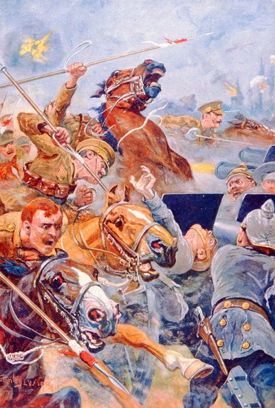The Charge of the 9th Lancers retriitin aikana Monsista (värilitho) tekijältä Stanley L. (after) Wood