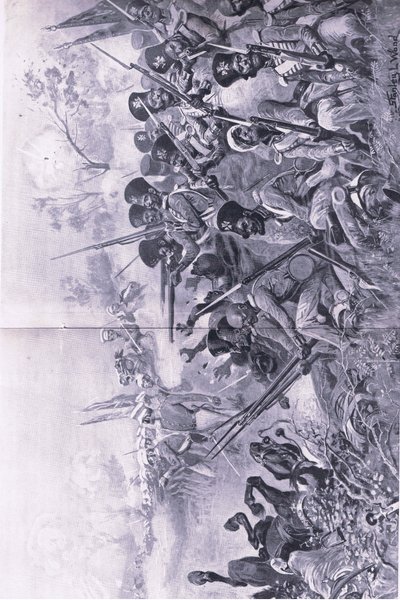 Chilianwala, 13. tammikuuta 1849: Goddys-prikaati seisoo urhoollisesti sikhien ympäröimänä, esimerkki brittiläisistä taisteluista maalla ja merellä, 1915 tekijältä Stanley L. Wood