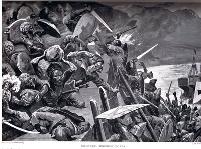 Ristiretkeläiset hyökkäämässä Nikaiaan, kuva Hutchinsonin kansojen historiasta tekijältä Stanley L. Wood