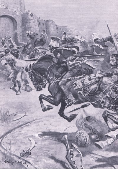 16th Lancers ja Skinners Horse ajamassa Jatsia Bharatpuriin, joulukuu 1825, kuvitus teoksesta British Battles on Land and Sea , 1915. tekijältä Stanley L. Wood