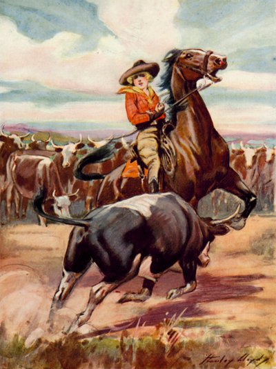 Kohtaus elokuvasta At the Mercy of Brigands: ratsastava lehmityttö joutuu ison härän hyökkäyksen kohteeksi (värilitografia). tekijältä Stanley Lloyd