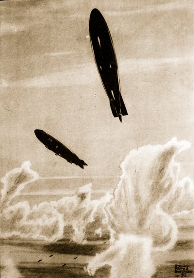 Zepps on North Sea Patrol, kuvitus John Hamiltonin Flying Memoriesista tekijältä Stanley Orton Bradshaw