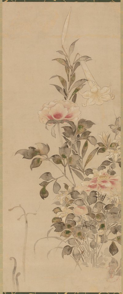 Pionit ja liljat, Momoyama- tai Edo-kausi, 1568-1615. tekijältä Sôtatsu