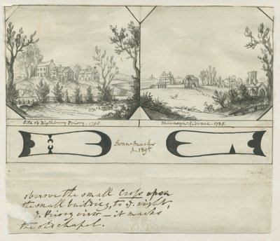 Mavesyn Ridware - Blythbury Prioryn paikka: intialainen mustepiirustus, 1795 tekijältä Stebbing Shaw