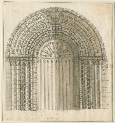 Tutbury Priory Church - Arch in West Door: kynä- ja seepiapiirustus, nd [1762-1802] (painettu) tekijältä Stebbing Shaw