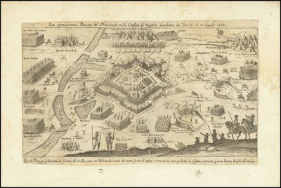 Neuhauselin kuuluisa aukio Unkarin rajalla, jota turkkilaiset piirittivät 13. elokuuta 1663. tekijältä Stefano Scolari
