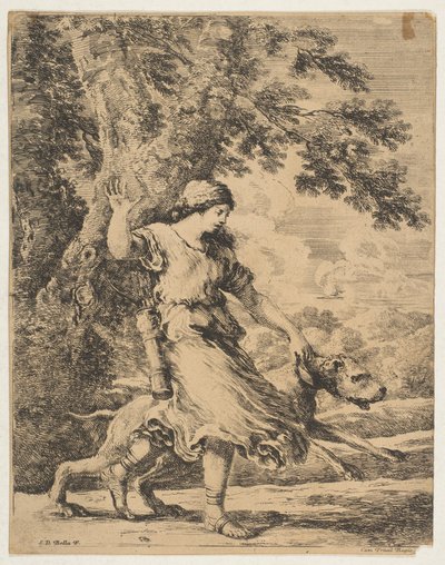 Nymfi pitelee suurta koiraa kaulapantasta, n. 1654. tekijältä Stefano della Bella