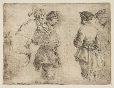 Napa, joka johtaa hevosta suitsista ja puhuu kahden muun miehen kanssa, n. 1662. tekijältä Stefano della Bella