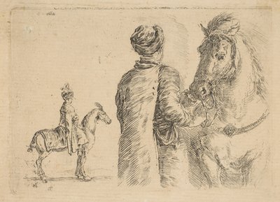 Puolalainen sulhanen takaapäin, pitelee hevosta suitsista, n. 1662. tekijältä Stefano della Bella