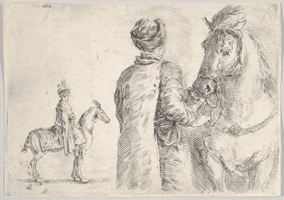 Puolalainen palvelija, takaa katsottuna, pitelee hevosen suitset oikealla, puolalainen hor..., n. 1662. tekijältä Stefano della Bella