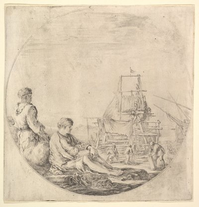 Musta merimies seisoo vasemmalla, profiilissa oikealla, valkoinen merimies istuu ..., n. 1658-63. tekijältä Stefano della Bella