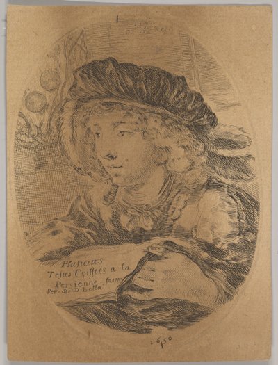 Kolme neljäsosaa vasemmalle käännetty nuoren miehen rintakuva, jossa oli höyhenhattu, ..., 1650. tekijältä Stefano della Bella