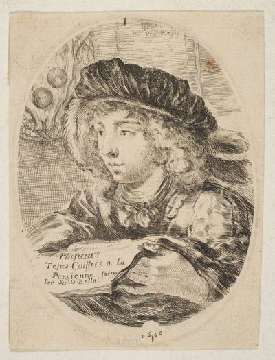 Kolme neljäsosaa vasemmalle käännetty nuoren miehen rintakuva, jossa oli höyhenhattu, ..., 1650. tekijältä Stefano della Bella