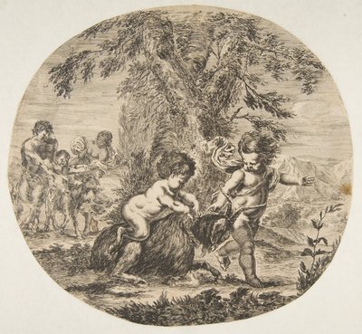 Lapsi ja satyyrilapsi leikkivät vuohen kanssa, n. 1657. tekijältä Stefano della Bella