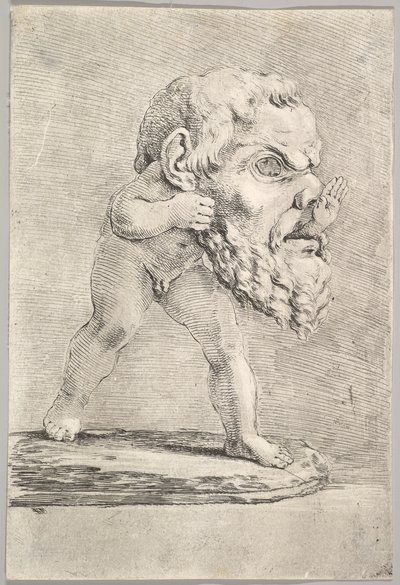 Lapsi, jolla on iso maski ja pistää kätensä suun läpi, n. 1660. tekijältä Stefano della Bella