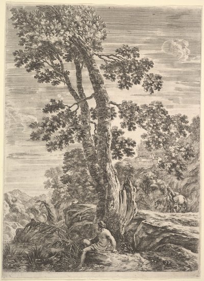 Kalastaja keskellä vasemmalle päin ja nojaten suureen puuhun, nainen kävelee..., n. 1652-57. tekijältä Stefano della Bella