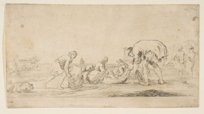 Kalastaja tuomassa verkkojaan, mies vasemmalla työntää paalia oikealle, kaksipaikkainen..., n. 1662. tekijältä Stefano della Bella