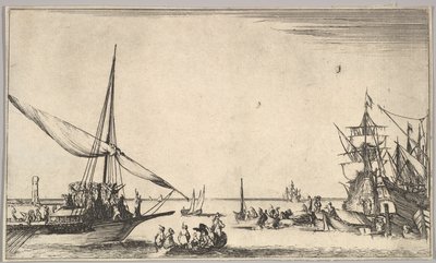 Koneisto saapuu satamaan vasemmalle, useita soutuveneitä keskellä, laivoja satamassa oikealle, edestakaisin..., 1639. tekijältä Stefano della Bella