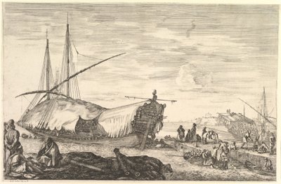 Purjeiden peittämä keittiö vasemmalla, kuusi tykkiä ja neljä ihmistä vasemmalla etualalla..., n. 1652-57. tekijältä Stefano della Bella