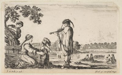 Keskellä viulua soittava mies, profiilista vasemmalle kääntynyt, istuva nainen ..., 1649. tekijältä Stefano della Bella
