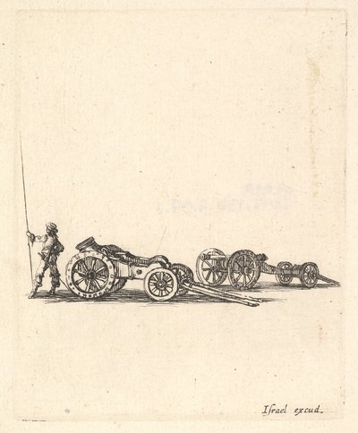 Kranaatinheitin ja tykki, molemmat kiinnitettynä vaunuihin, sotilas esitettynä takaapäin..., n. 1638-43. tekijältä Stefano della Bella