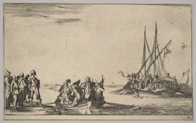 Soutuvene täynnä miehiä keskellä, ryhmä miehiä seisomassa rannalla vasemmalla, laiva täynnä..., 1639. tekijältä Stefano della Bella