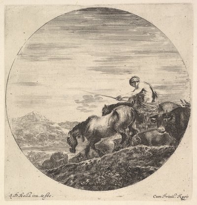 Paimen oikealla, kasvot vasemmalle, ajamassa eläinryhmää alamäkeen, pyöreä komp..., n. 1643-48. tekijältä Stefano della Bella