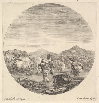 Nainen kantaa lasta keskellä, takaa katsottuna, toinen nainen oikealla, kasvot..., n. 1643-48. tekijältä Stefano della Bella