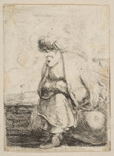 Vanha turkkilainen istuu kivellä, n. 1662. tekijältä Stefano della Bella