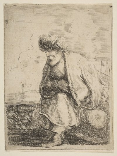 Vanha turkkilainen istuu kivellä, n. 1662. tekijältä Stefano della Bella