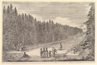 Suihkulähteiden kuja, ryhmä ihmisiä keskellä, mies ja koira istuivat oikealla, kaksi..., n. 1653. tekijältä Stefano della Bella