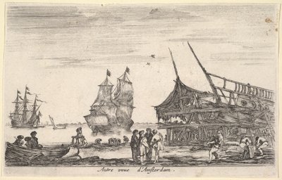 Toinen näkymä Amsterdamin Autre vue dAmsterdamiin, neljän miehen ryhmä seisoo keskellä ..., 1647. tekijältä Stefano della Bella