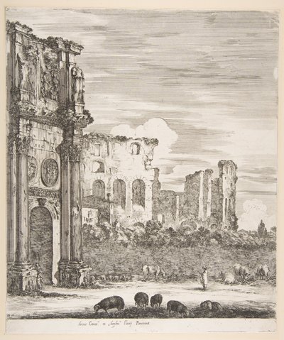Konstantinuksen ja Colosseumin kaari, jossa lampaat laiduntavat etualalla, kuudelta suurelta näköalalta..., 1656. tekijältä Stefano della Bella