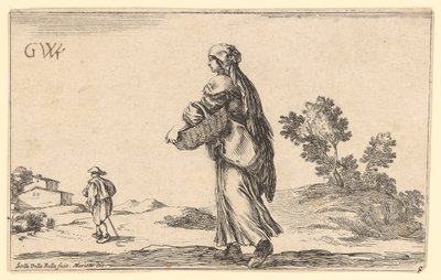 Korillinen talonpoikaisnainen takaapäin sivulta vasemmalle nähtynä, hänen edessään vasemmalle kulkeva matkalainen tekijältä Stefano della Bella
