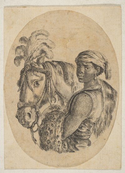 Musta orja kantaa leopardin nahkaa ja pitää hevosen suitset, useista päistä..., 1649-50. tekijältä Stefano della Bella