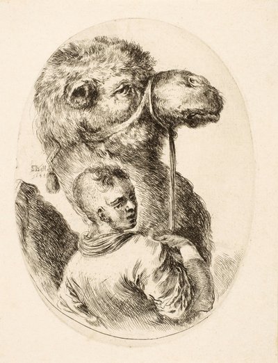 Poika pitelee kamelia suitseista, useista Heads Coiffées à la Persienne -pubista. vs. 1650 (kaiverrus) tekijältä Stefano della Bella