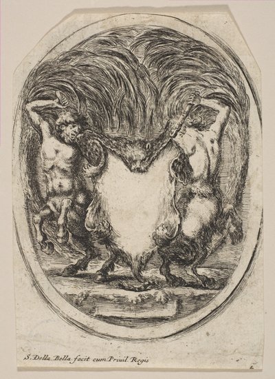 Kahden kentaurin reunustaman tiikerin ihon muodostama cartouche, 1647. tekijältä Stefano della Bella