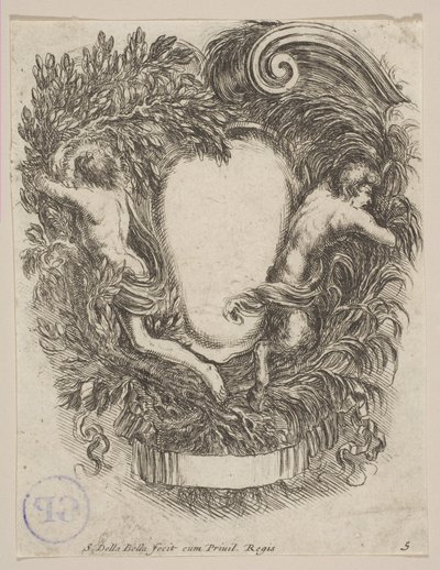 Apollon ja Panin kehystetty cartouche, 1647. tekijältä Stefano della Bella