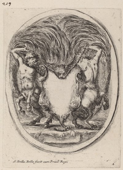 Kentaurien tukema cartouche nyljetyn tiikerin muodossa, 1647. tekijältä Stefano della Bella
