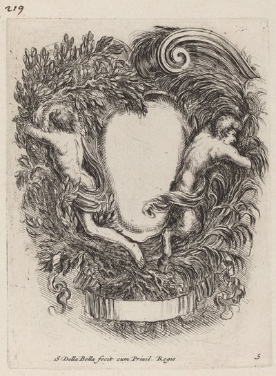 Cartouche Apollon ja Panin kanssa, 1647. tekijältä Stefano della Bella