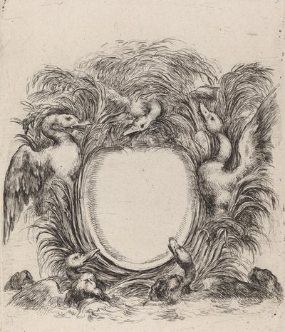 Cartouche ankkojen ja koirien kanssa, 1647. tekijältä Stefano della Bella