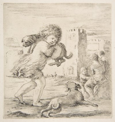 Lapsi kantaa pentua olkapäällään, n. 1662. tekijältä Stefano della Bella