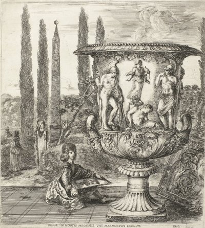De jonge Cosimo III de Medici tekent de Medici-vaas Rooma, Medicien puutarhassa, poikkeuksellinen marmori (otsikko esineessä) Gezichten op Rome en omgeving (sarjan nimi) Kuusi grandes vues, dont quatre de Rome et deux de la Campagne romaine (sarjan nimi) tekijältä Stefano della Bella