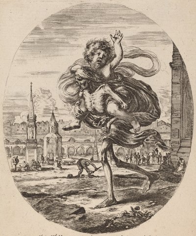 Kuolema kantoi lasta vasemmalle, luultavasti 1648. tekijältä Stefano della Bella