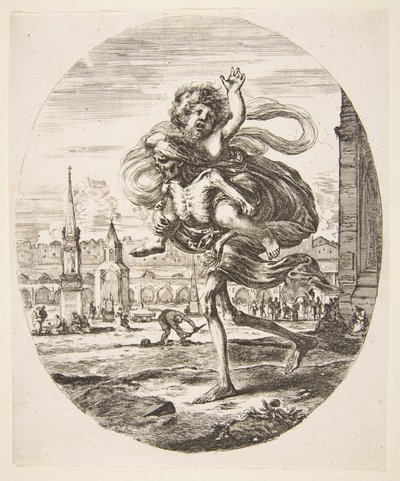 Kuolema kantaen lasta, viidestä kuolemasta Les cinq Morts, n. 1648. tekijältä Stefano della Bella