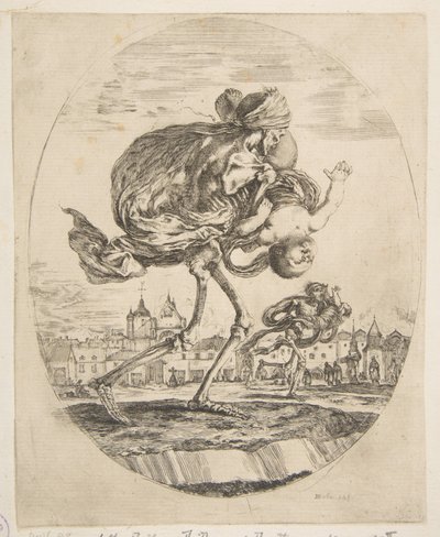 Kuolema, joka kantaa vauvaa, viidestä kuolemasta Les cinq Morts, n. 1648. tekijältä Stefano della Bella