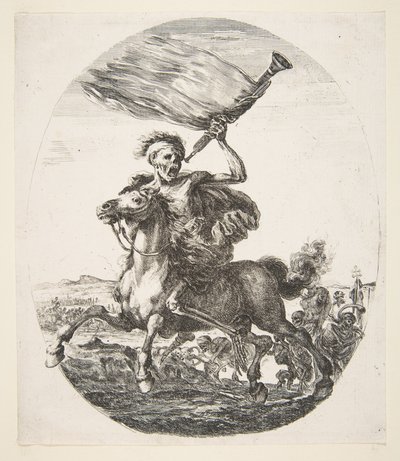Kuolema hevosen selässä trumpetti kädessään, viidestä kuolemasta Les cinq Morts, n. 1648. tekijältä Stefano della Bella