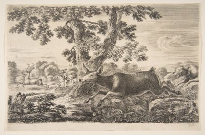 Hirvenmetsästys, alkaen Eläinmetsästykset Erilaisten eläinten metsästys, n. 1654. tekijältä Stefano della Bella